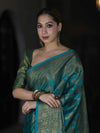 Banarasee Handwoven Georgette Saree With Antique Zari Jaal Design & Floral Border-Turquoise Green