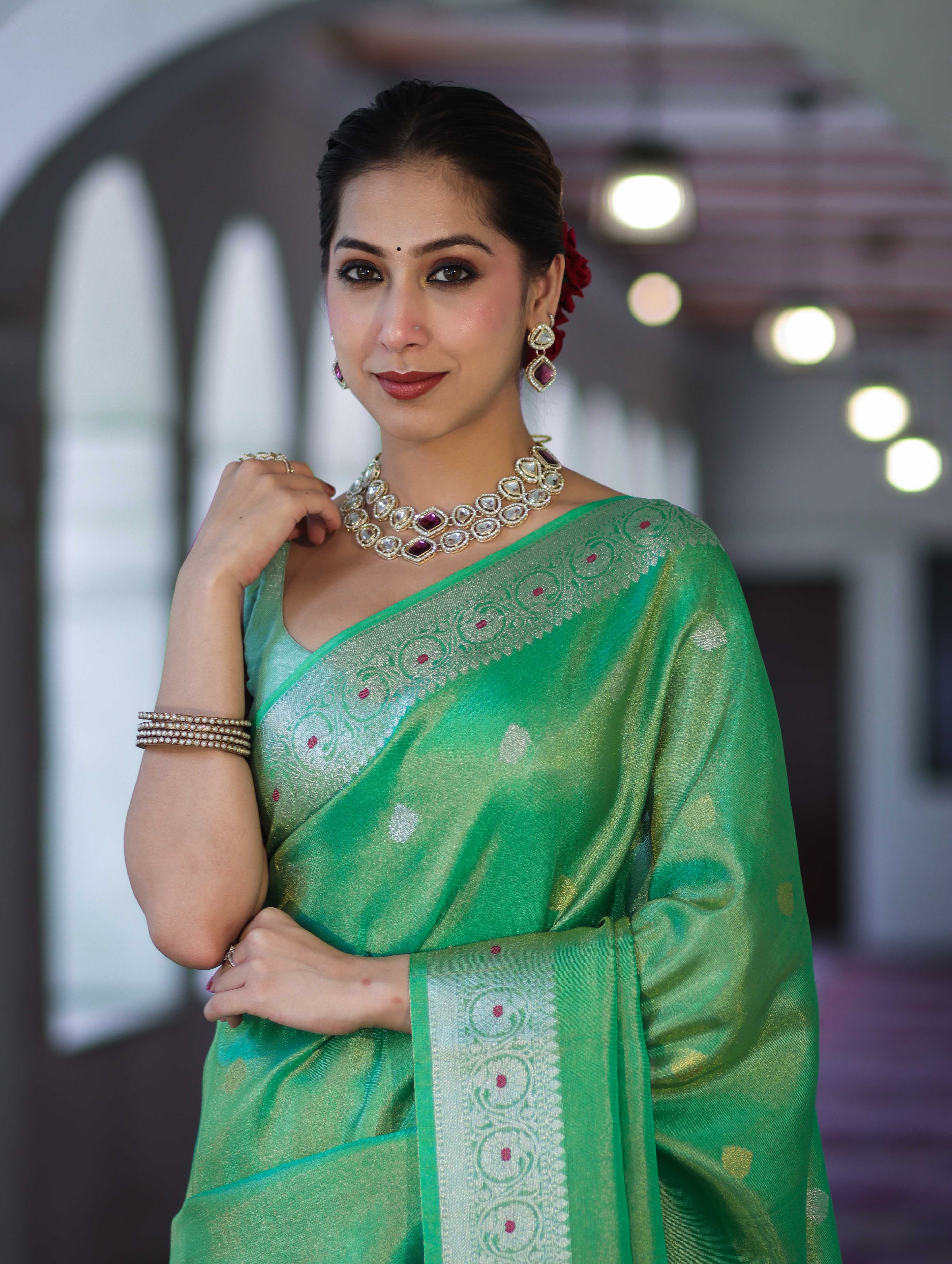 Banarasee Handloom Dual Tone Shimmer Silk Saree With Buti Design & Meena Border-Pastel Green