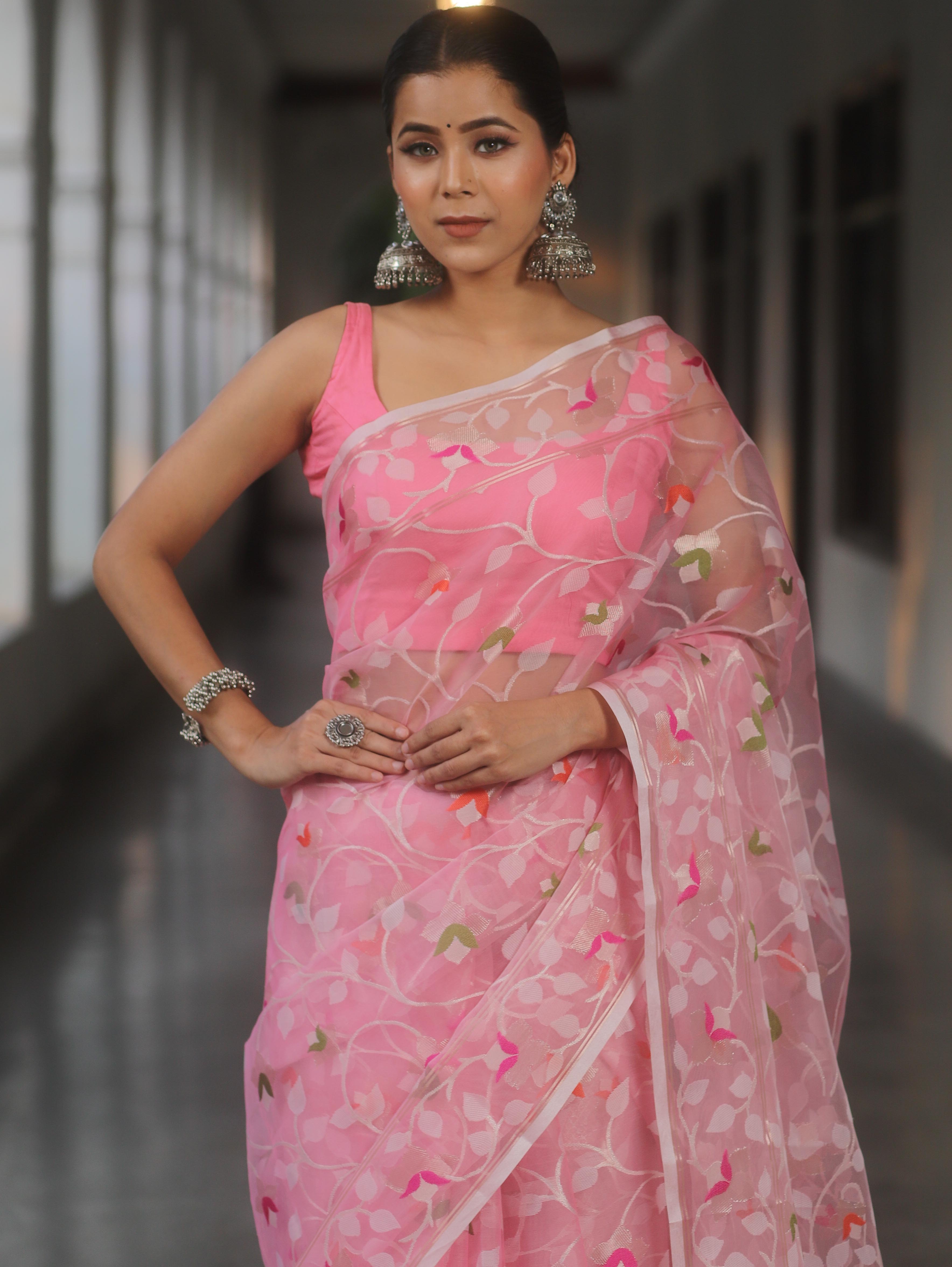 Banarasee Organza Saree With Zari Jaal Design-Pink