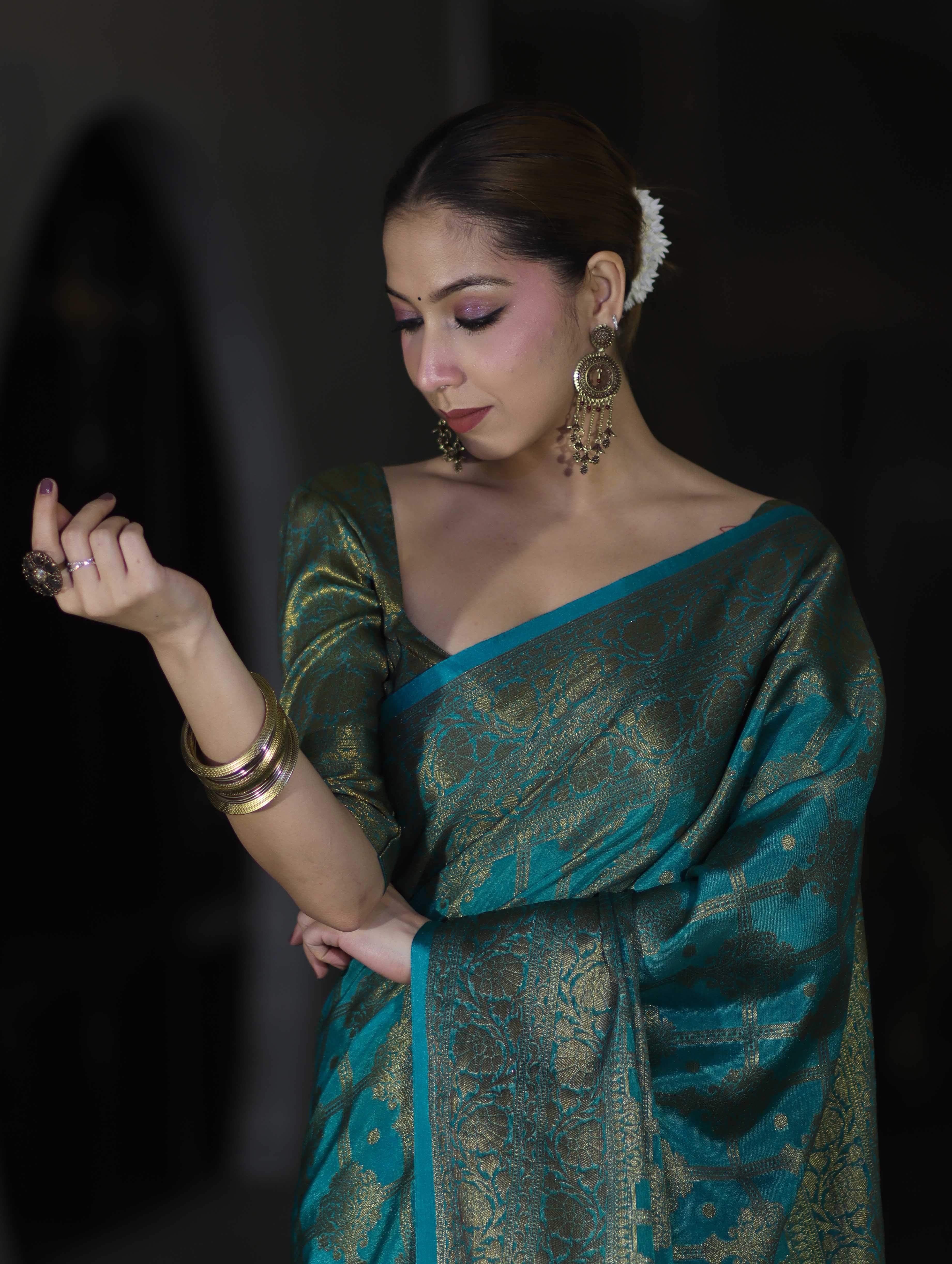 Banarasee Handwoven Georgette Saree With Antique Zari Jaal Design & Floral Border-Turquoise Green