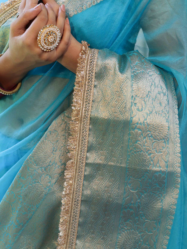 Banarasee Handwoven Plain Tissue Saree With Zari Border & Lace-Sky Blue