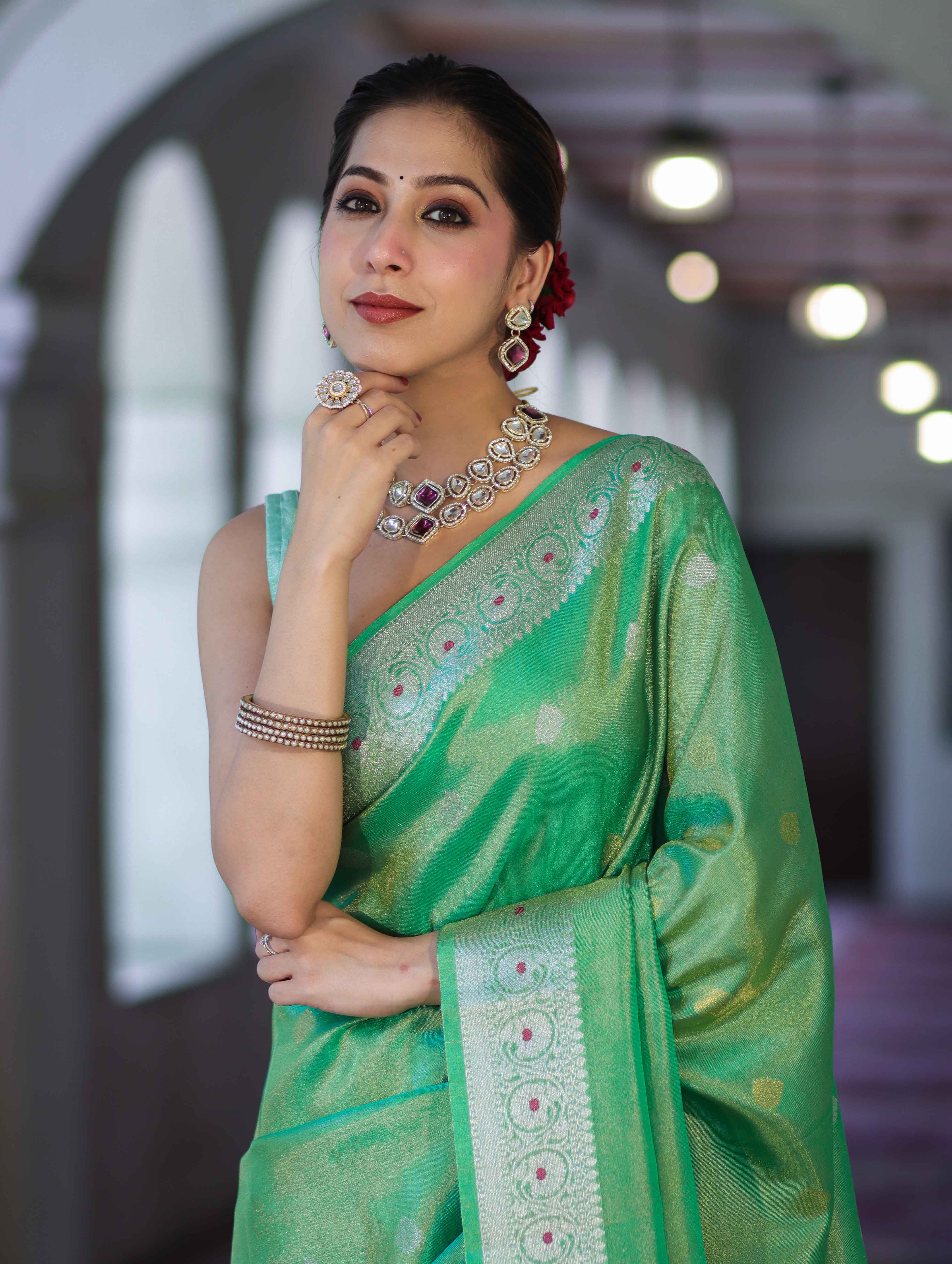 Banarasee Handloom Dual Tone Shimmer Silk Saree With Buti Design & Meena Border-Pastel Green