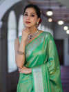 Banarasee Handloom Dual Tone Shimmer Silk Saree With Buti Design & Meena Border-Pastel Green