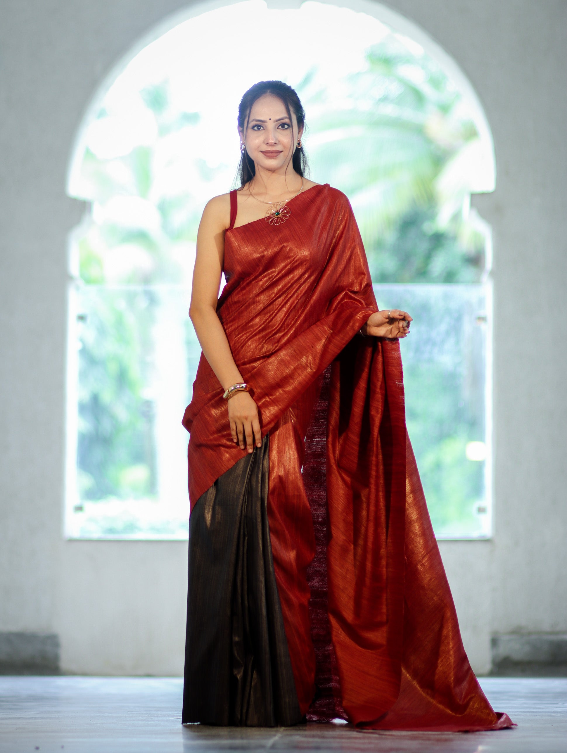 Bhagalpuri Handloom Pure Tussar Saree-Maroon & Black