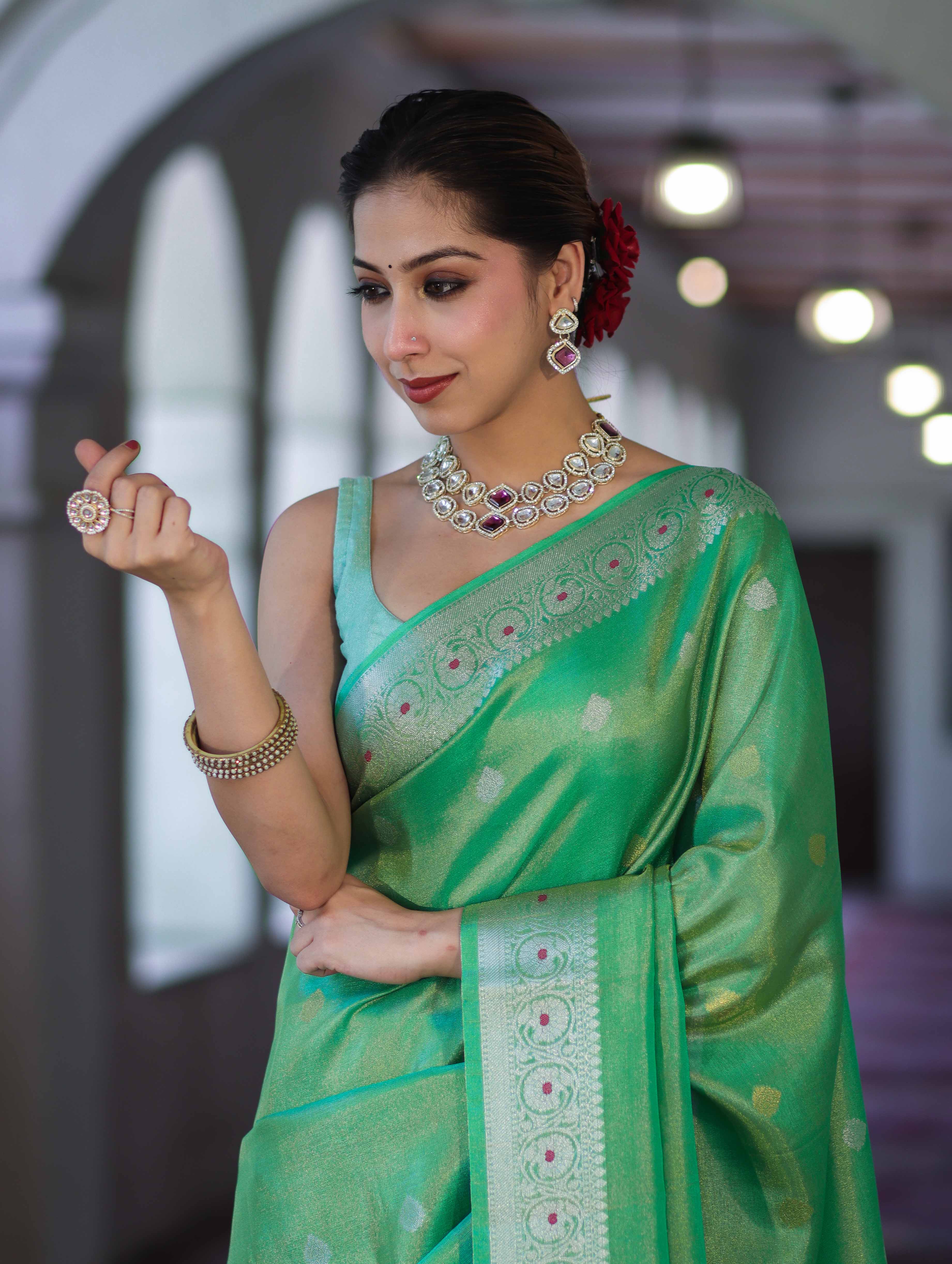 Banarasee Handloom Dual Tone Shimmer Silk Saree With Buti Design & Meena Border-Pastel Green