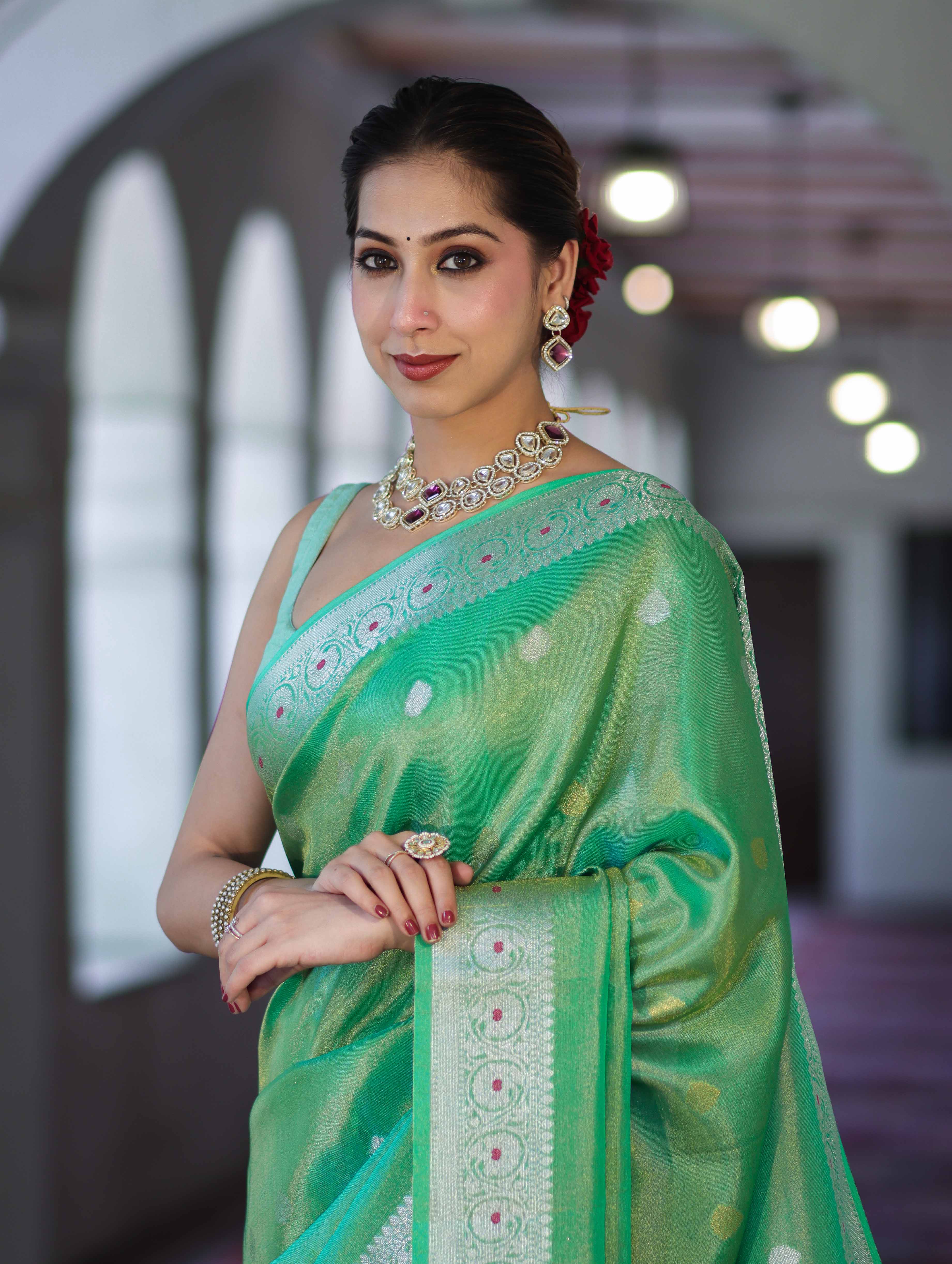 Banarasee Handloom Dual Tone Shimmer Silk Saree With Buti Design & Meena Border-Pastel Green