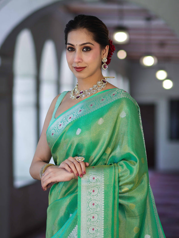Banarasee Handloom Dual Tone Shimmer Silk Saree With Buti Design & Meena Border-Pastel Green
