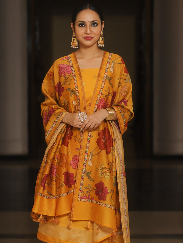 Banarasee Pure Chanderi Silk Zari Buti Salwar Kameez Fabric With Digital Print Dupatta Set-Yellow