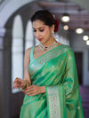 Banarasee Handloom Dual Tone Shimmer Silk Saree With Buti Design & Meena Border-Pastel Green