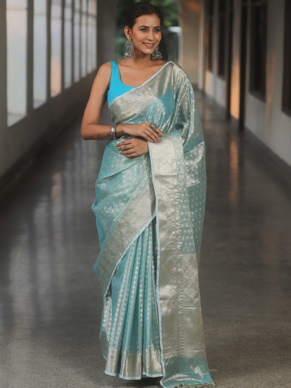 Banarasee Handwoven Tissue Saree With Zari Buta-Pastel Blue