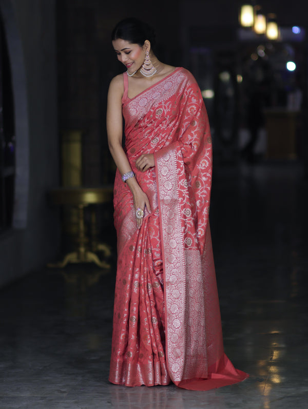 Banarasee Handwoven Faux Georgette Saree With Zari Jaal Design & Floral Border-Peach