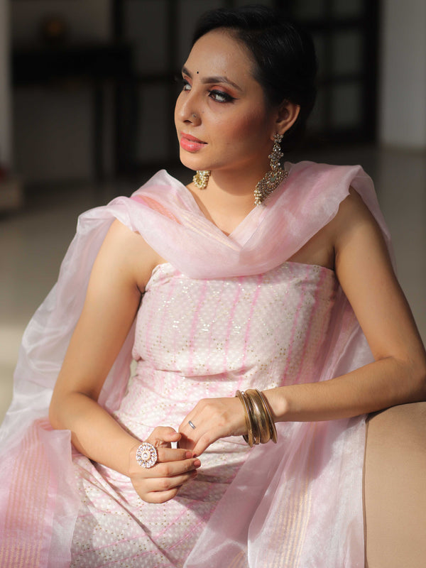Banarasee Chanderi Cotton Zari Work Salwar Kameez With Dupatta-White & Pink