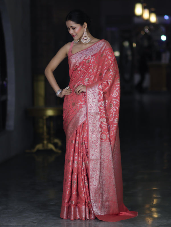 Banarasee Handwoven Faux Georgette Saree With Zari Jaal Design & Floral Border-Peach
