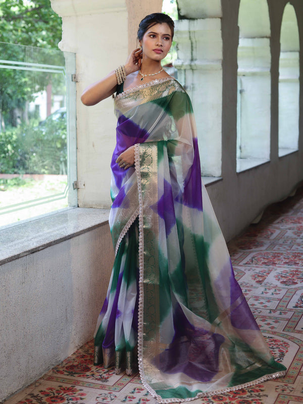 Banarasee Organza Saree With Zari Design Border & Lace-Multicolor