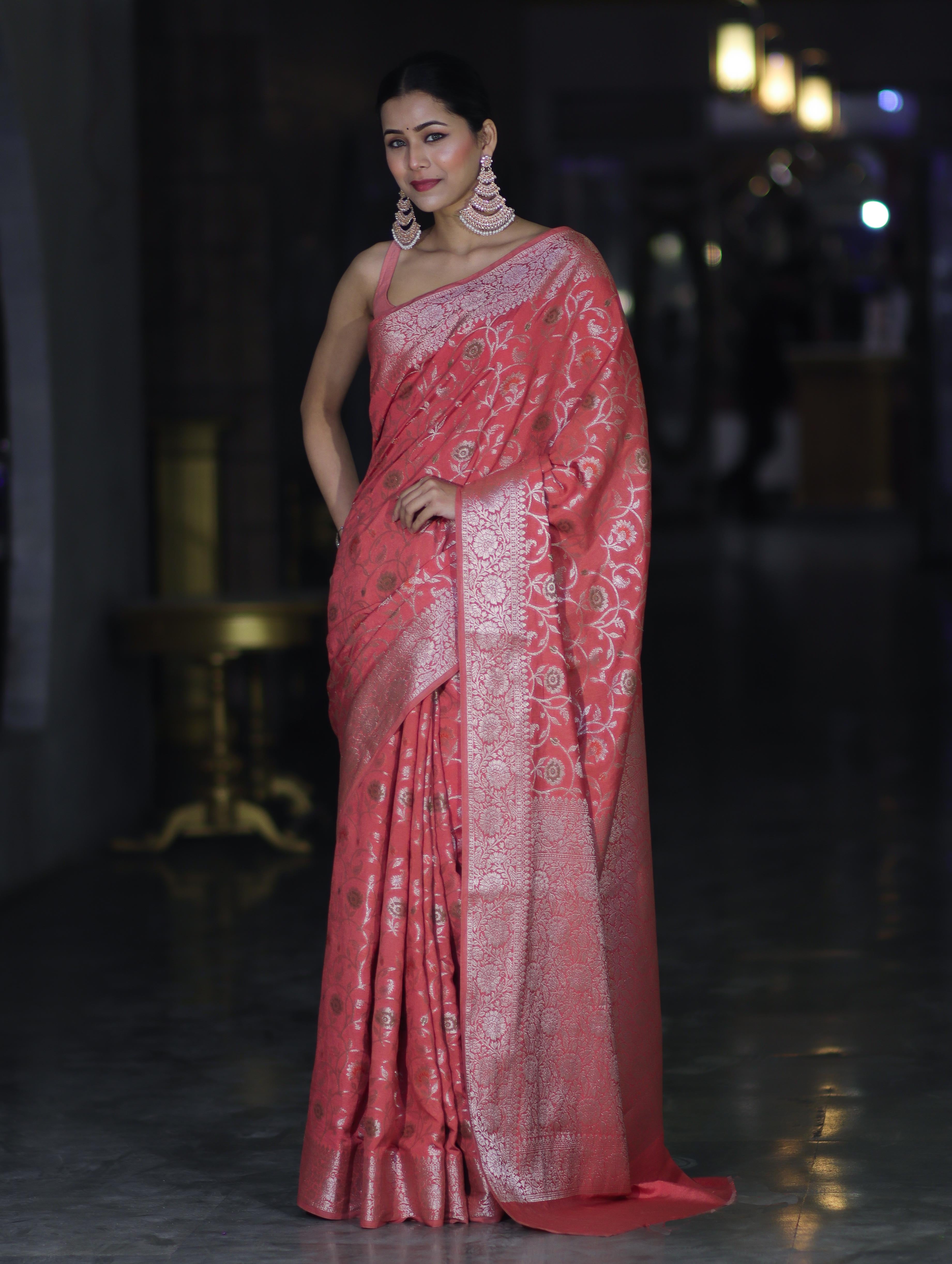 Banarasee Handwoven Faux Georgette Saree With Zari Jaal Design & Floral Border-Peach