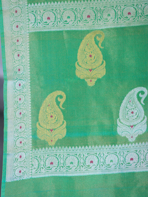 Banarasee Handloom Dual Tone Shimmer Silk Saree With Buti Design & Meena Border-Pastel Green