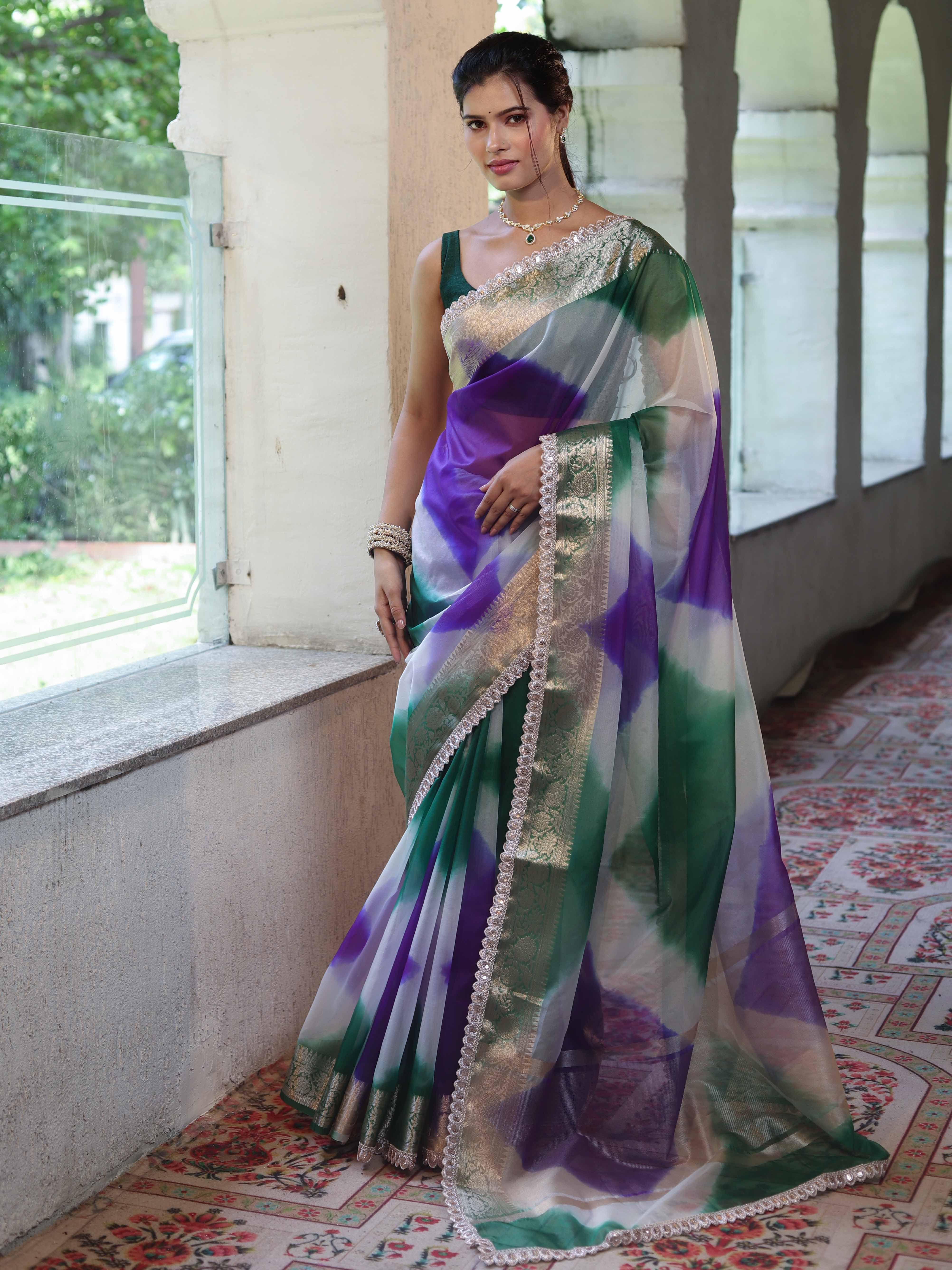 Banarasee Organza Saree With Zari Design Border & Lace-Multicolor