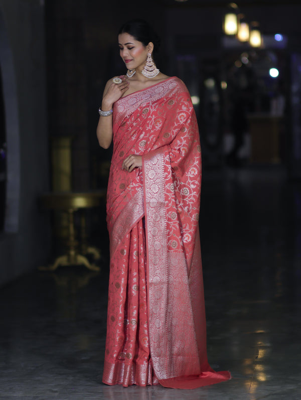Banarasee Handwoven Faux Georgette Saree With Zari Jaal Design & Floral Border-Peach