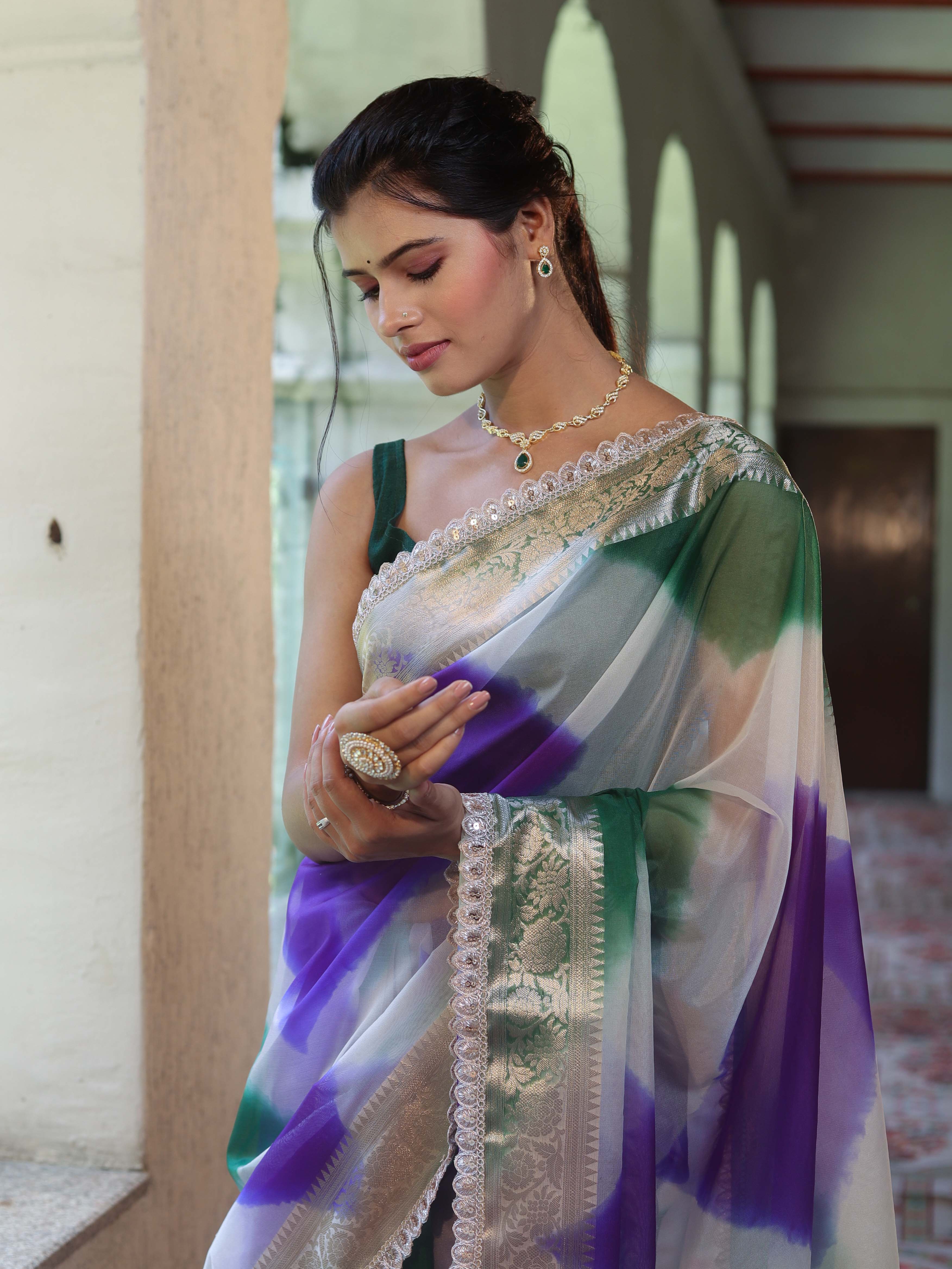 Banarasee Organza Saree With Zari Design Border & Lace-Multicolor