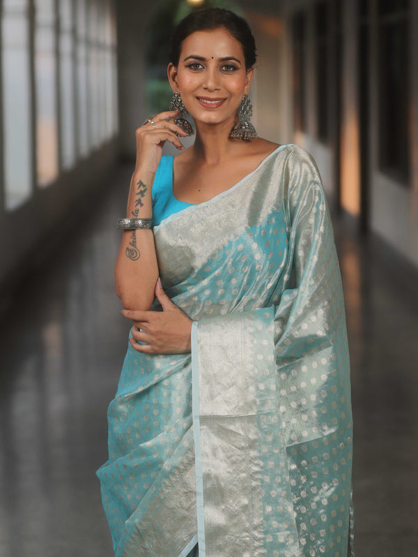 Banarasee Handwoven Tissue Saree With Zari Buta-Pastel Blue