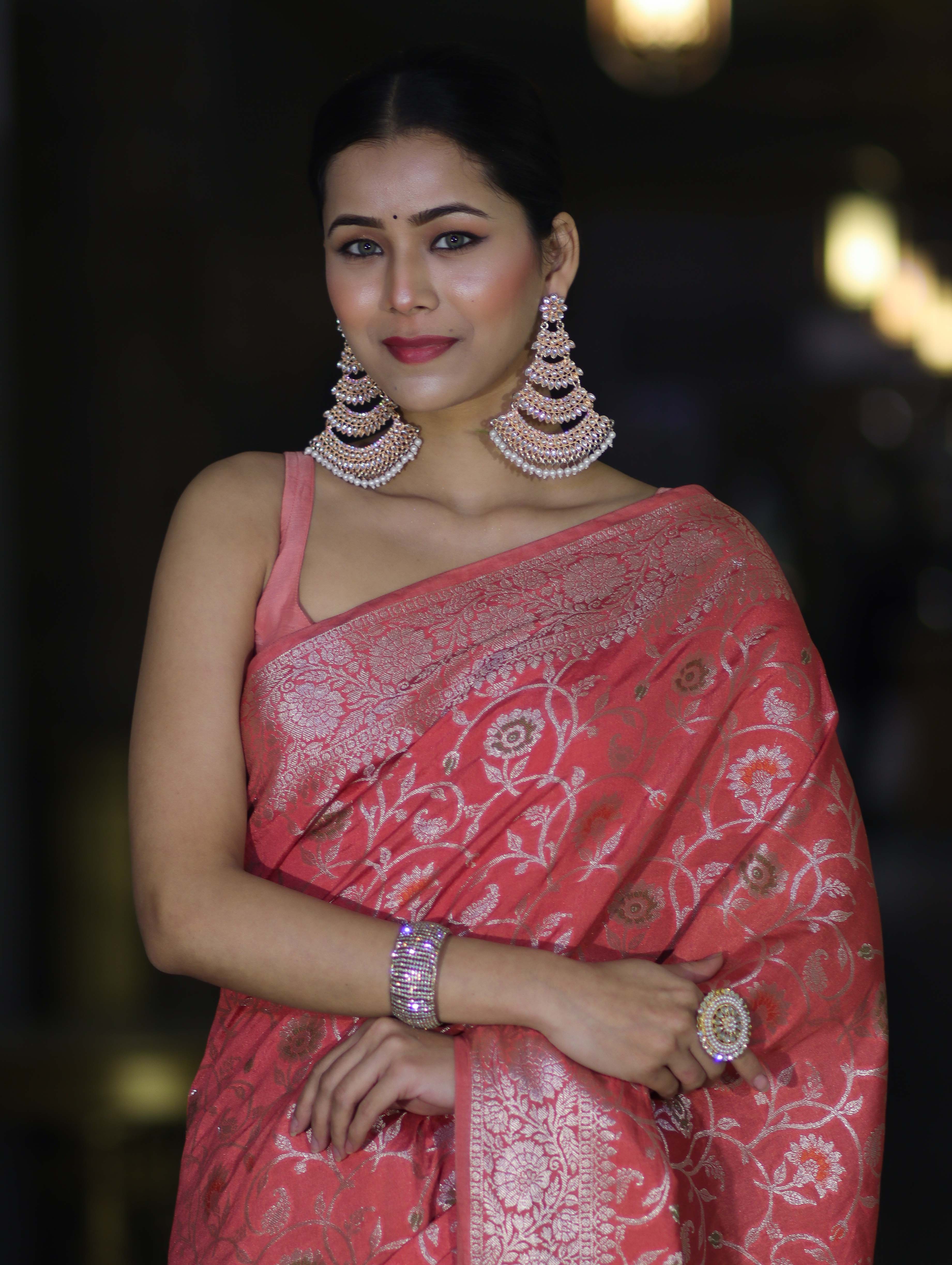 Banarasee Handwoven Faux Georgette Saree With Zari Jaal Design & Floral Border-Peach