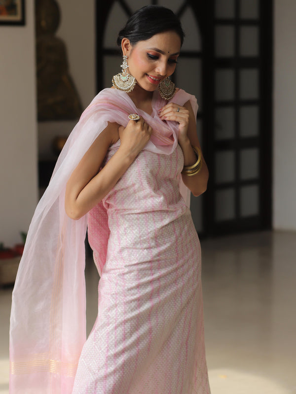 Banarasee Chanderi Cotton Zari Work Salwar Kameez With Dupatta-White & Pink