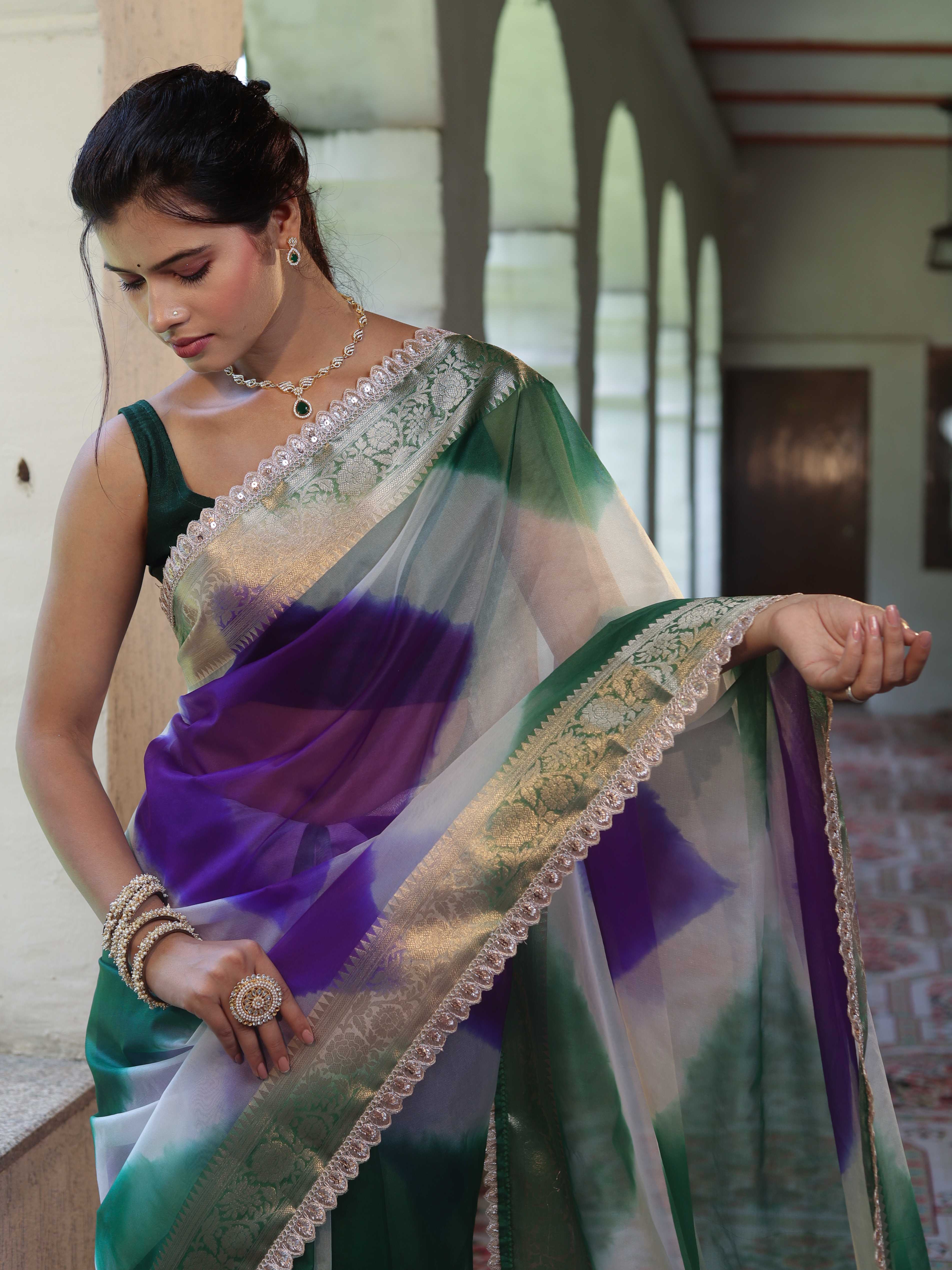 Banarasee Organza Saree With Zari Design Border & Lace-Multicolor