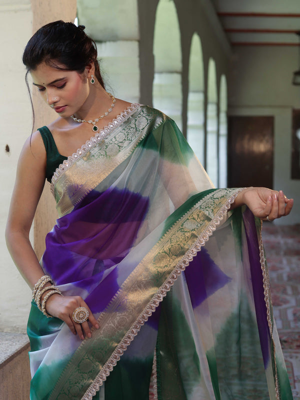 Banarasee Organza Saree With Zari Design Border & Lace-Multicolor