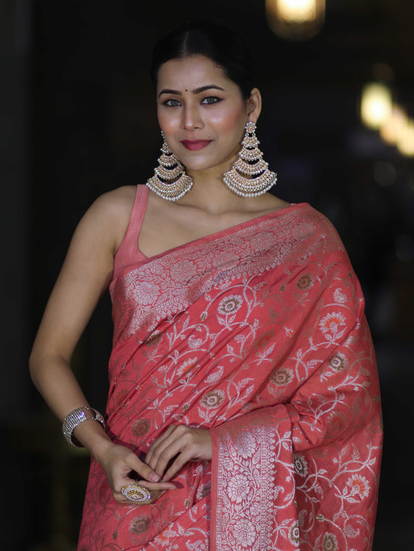 Banarasee Handwoven Faux Georgette Saree With Zari Jaal Design & Floral Border-Peach