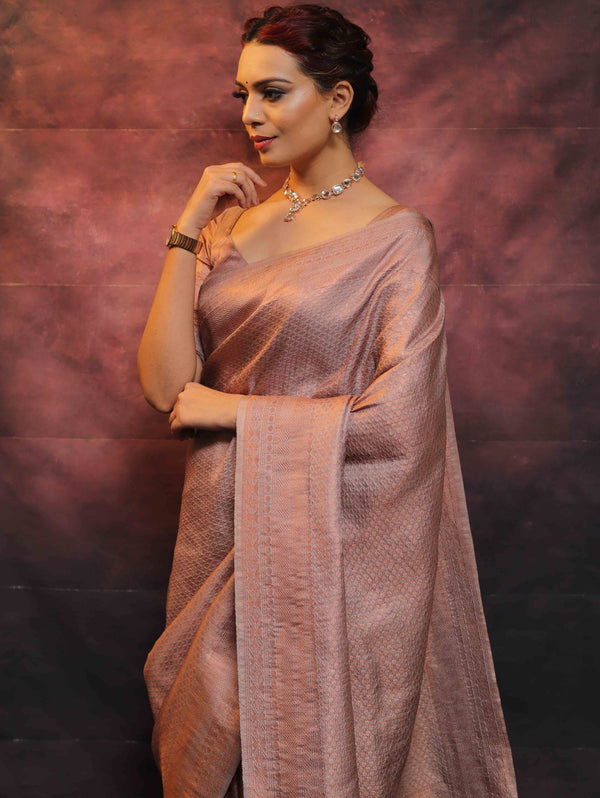 Banarasee Kubera Pattu Soft Silk Saree With Copper Zari Work-Dusty Pink