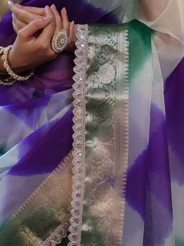 Banarasee Organza Saree With Zari Design Border & Lace-Multicolor