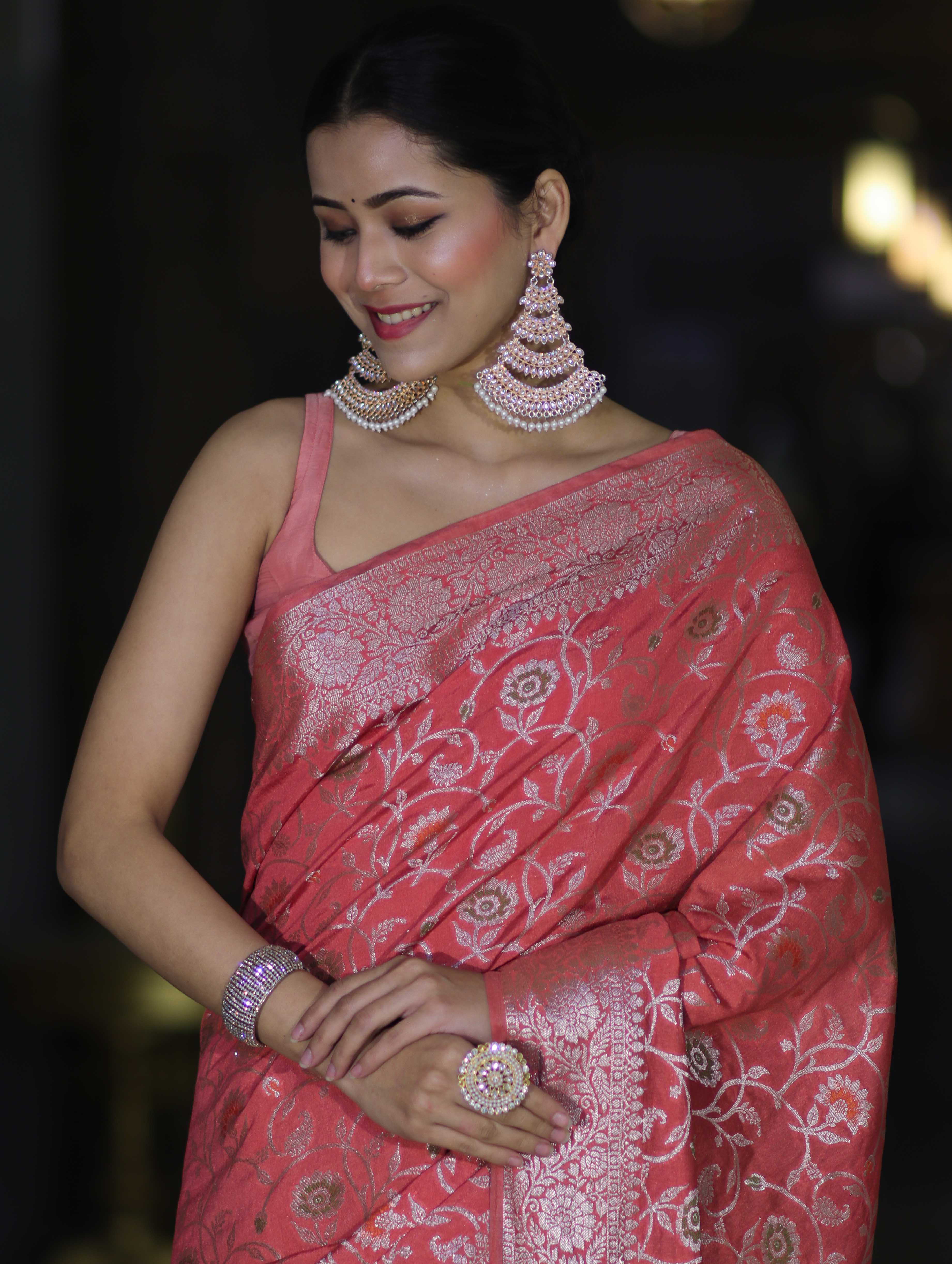 Banarasee Handwoven Faux Georgette Saree With Zari Jaal Design & Floral Border-Peach