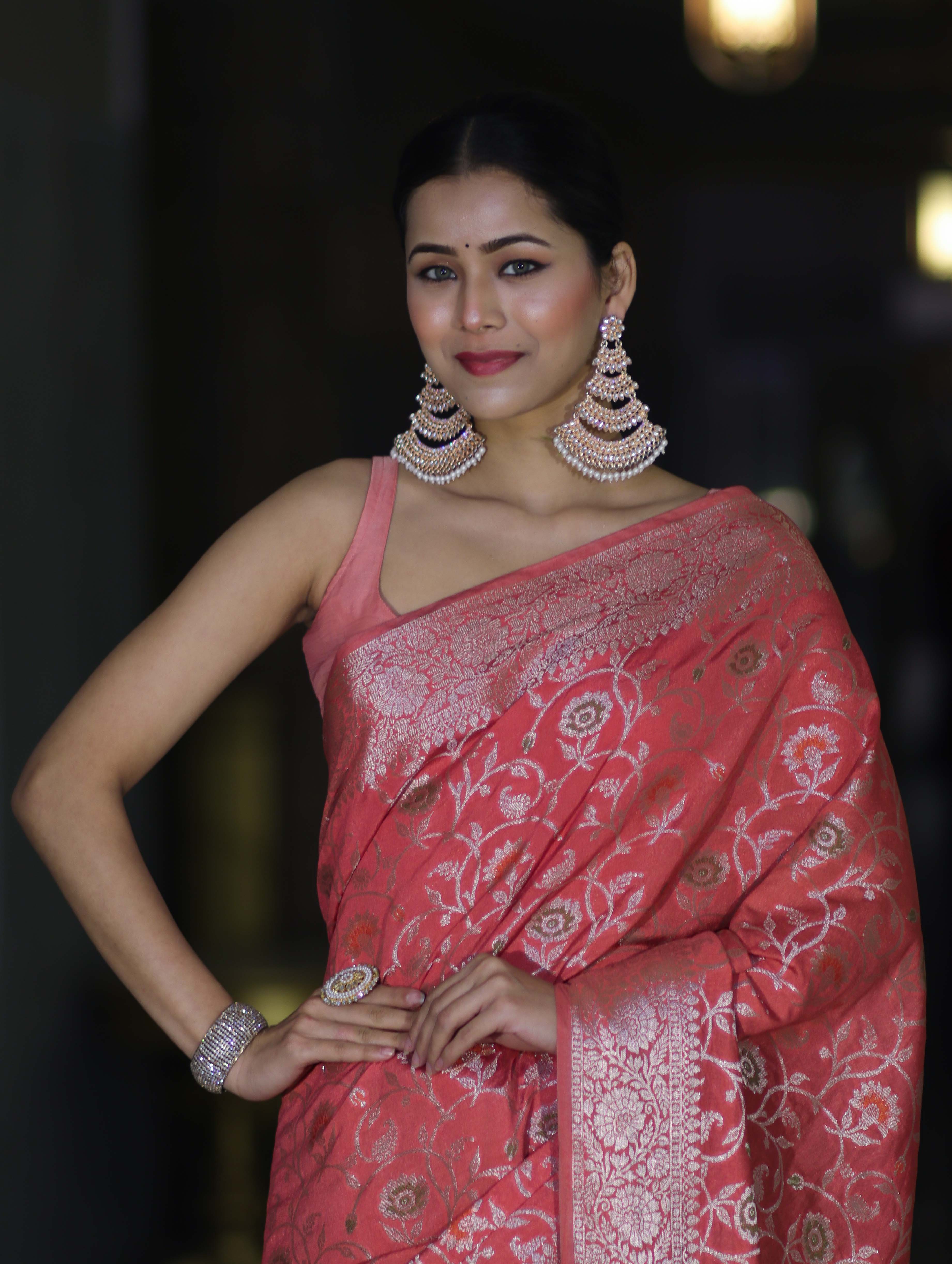 Banarasee Handwoven Faux Georgette Saree With Zari Jaal Design & Floral Border-Peach