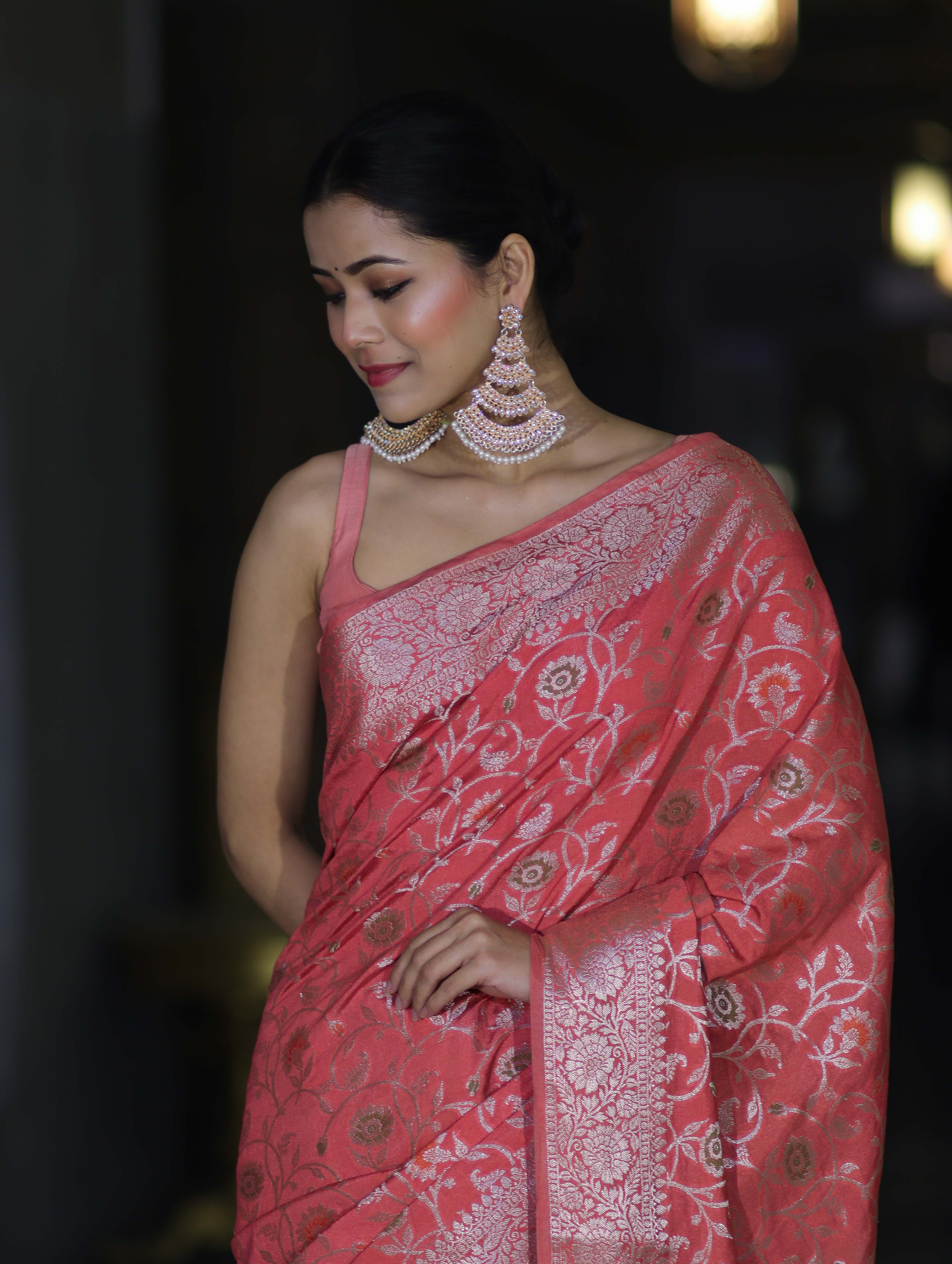 Banarasee Handwoven Faux Georgette Saree With Zari Jaal Design & Floral Border-Peach