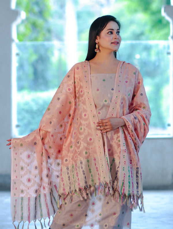 Banarasee Cotton Silk Zari Work Salwar Kameez Fabric With Jaal Design Dupatta Set-Beige & Light Peach
