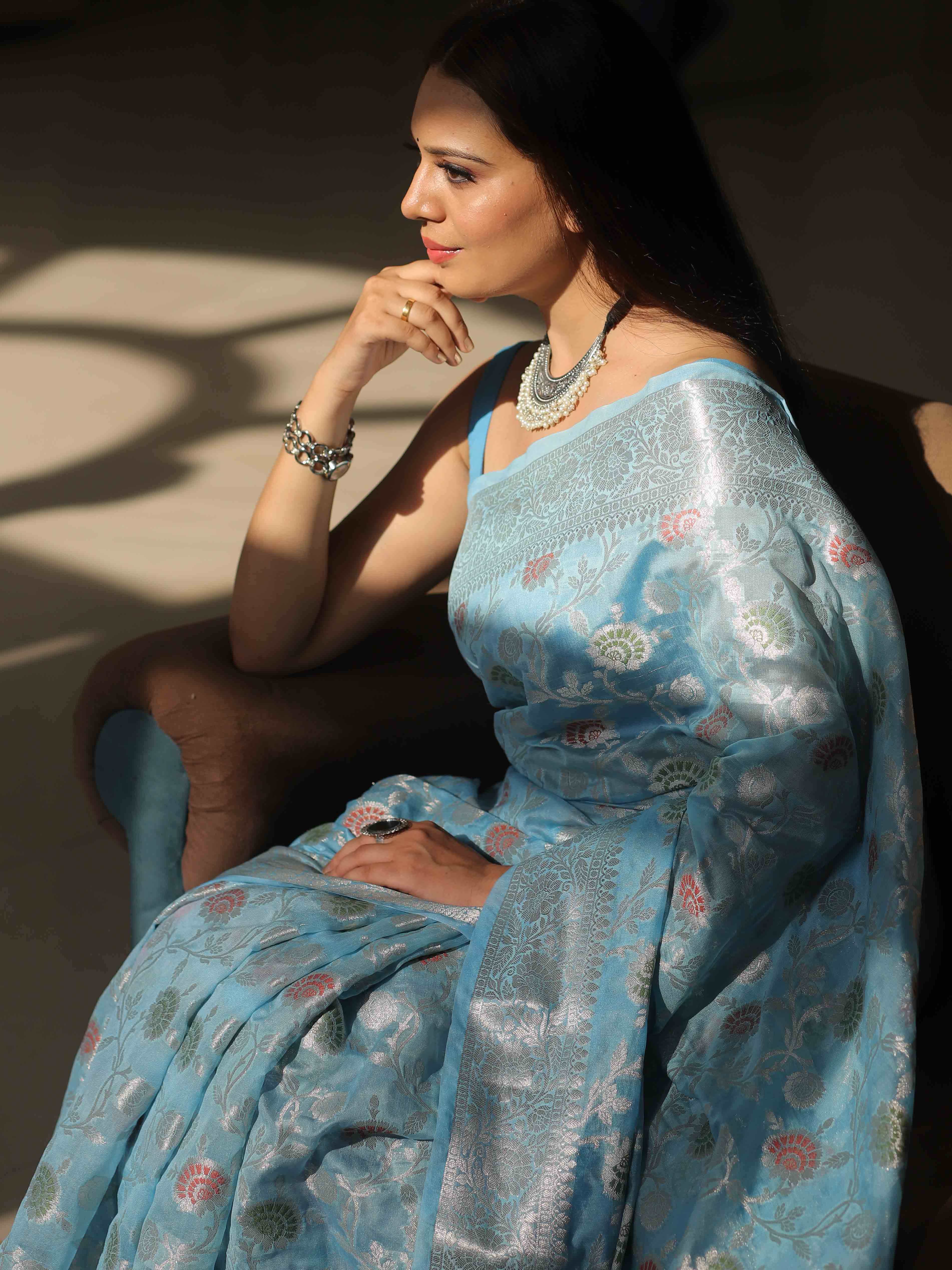 Banarasee Faux Georgette Saree With Silver Zari & Work-Light Blue