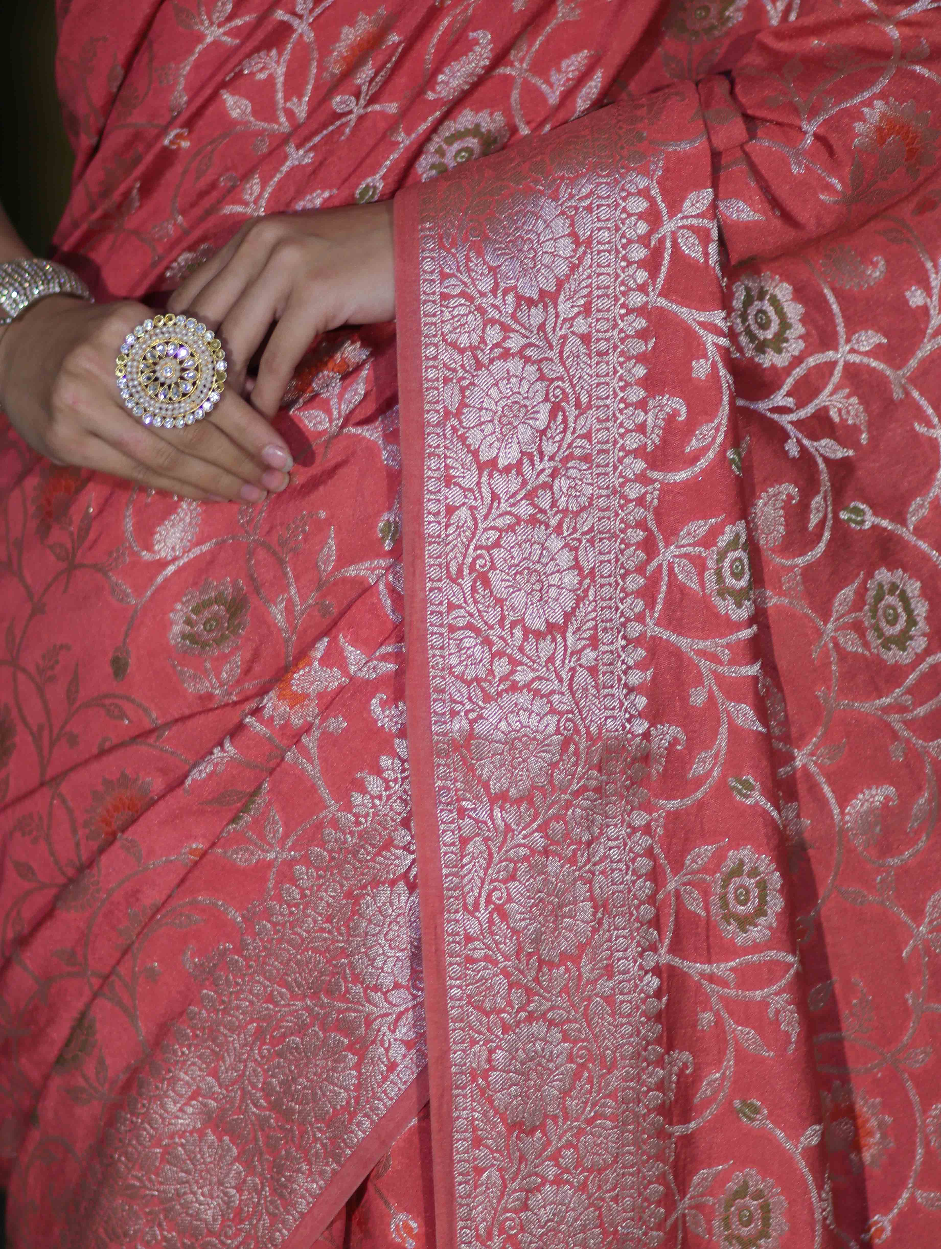 Banarasee Handwoven Faux Georgette Saree With Zari Jaal Design & Floral Border-Peach