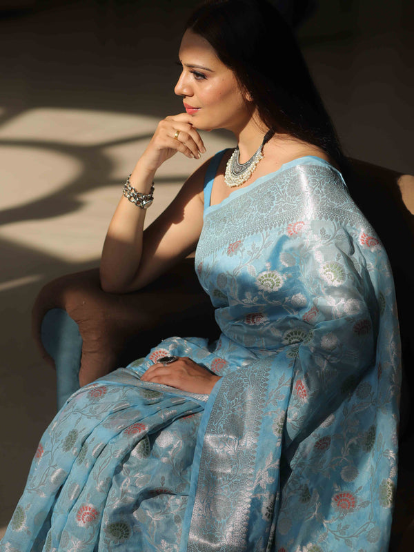 Banarasee Faux Georgette Saree With Silver Zari & Work-Light Blue