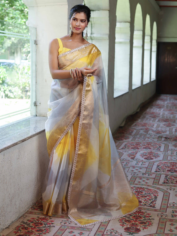 Banarasee Organza Saree With Zari Design Border & Lace-Multicolor
