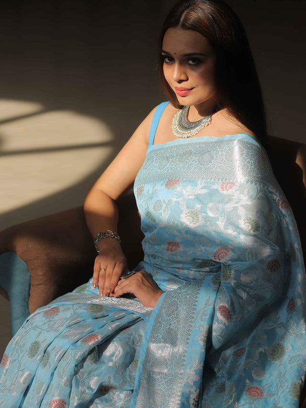 Banarasee Faux Georgette Saree With Silver Zari & Work-Light Blue