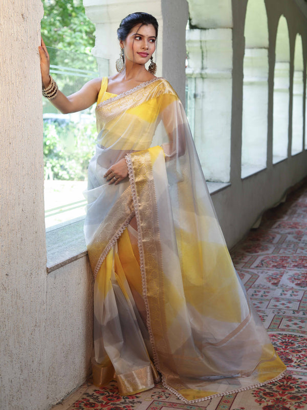 Banarasee Organza Saree With Zari Design Border & Lace-Multicolor