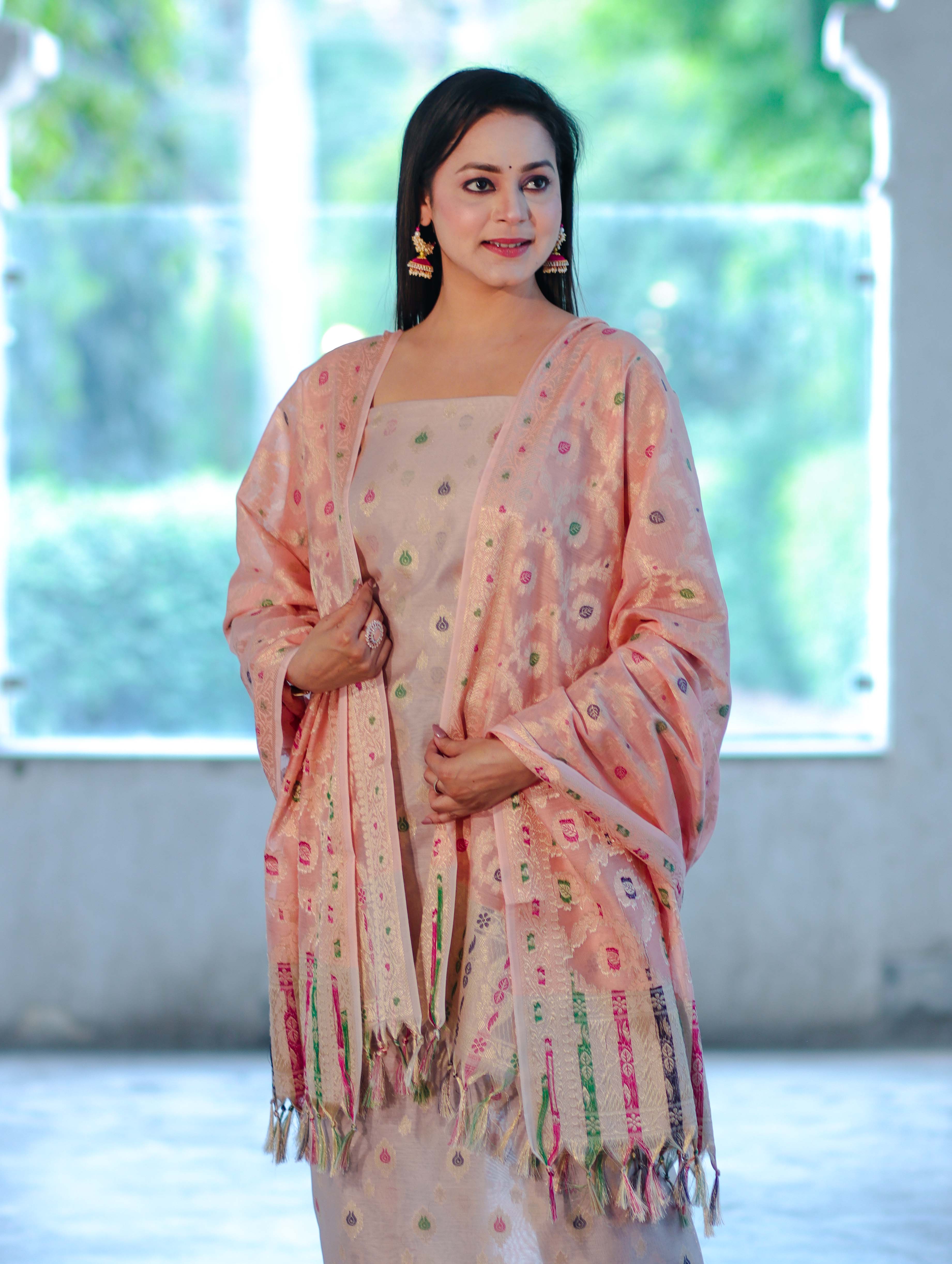 Banarasee Cotton Silk Zari Work Salwar Kameez Fabric With Jaal Design Dupatta Set-Beige & Light Peach