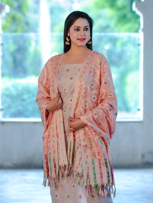 Banarasee Cotton Silk Zari Work Salwar Kameez Fabric With Jaal Design Dupatta Set-Beige & Light Peach