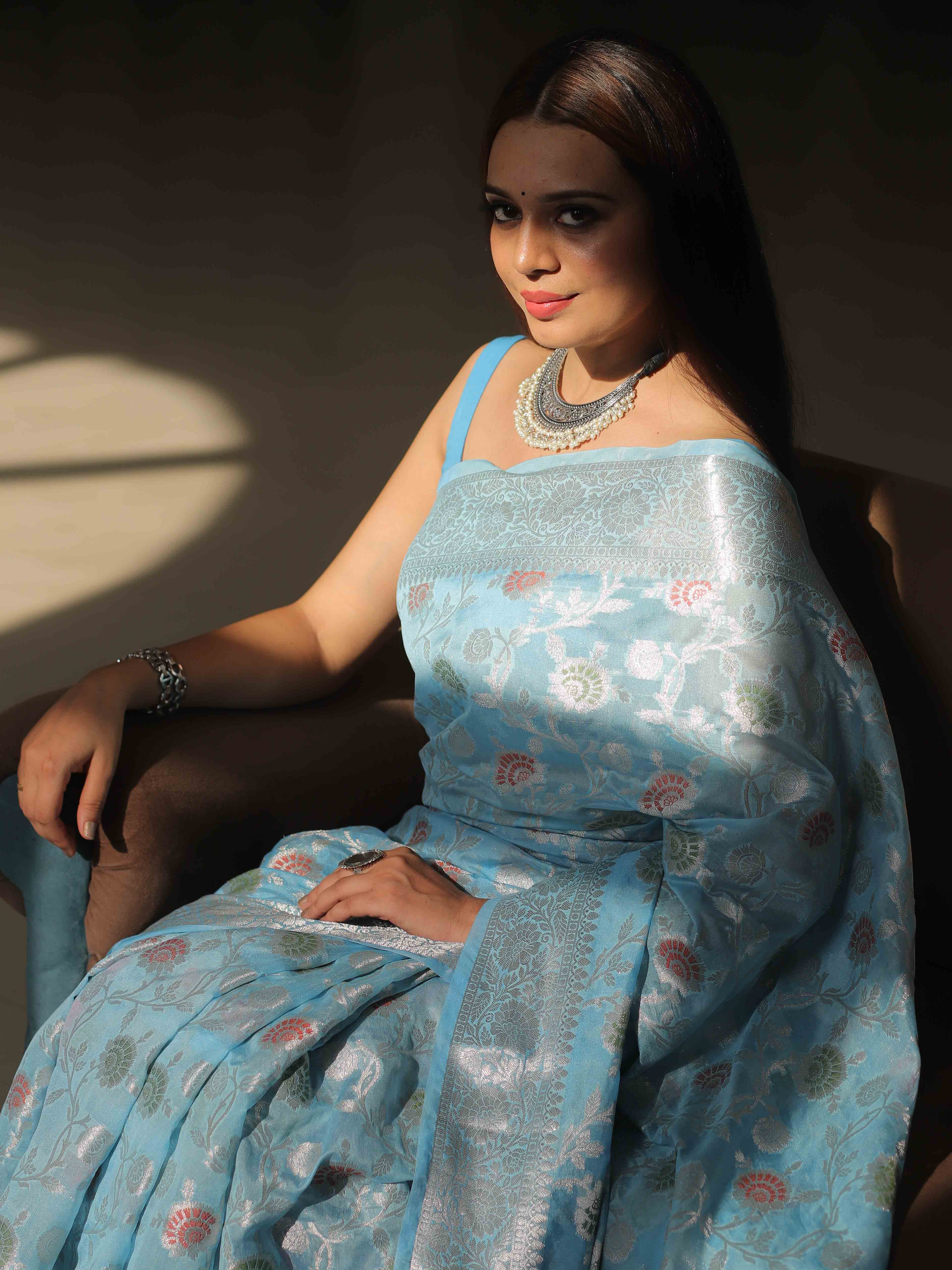 Banarasee Faux Georgette Saree With Silver Zari & Work-Light Blue