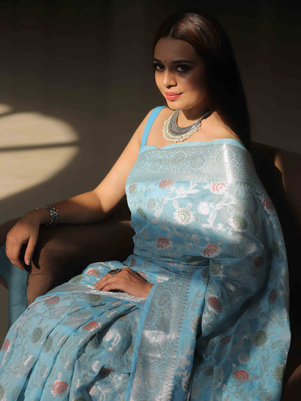 Banarasee Faux Georgette Saree With Silver Zari & Work-Light Blue