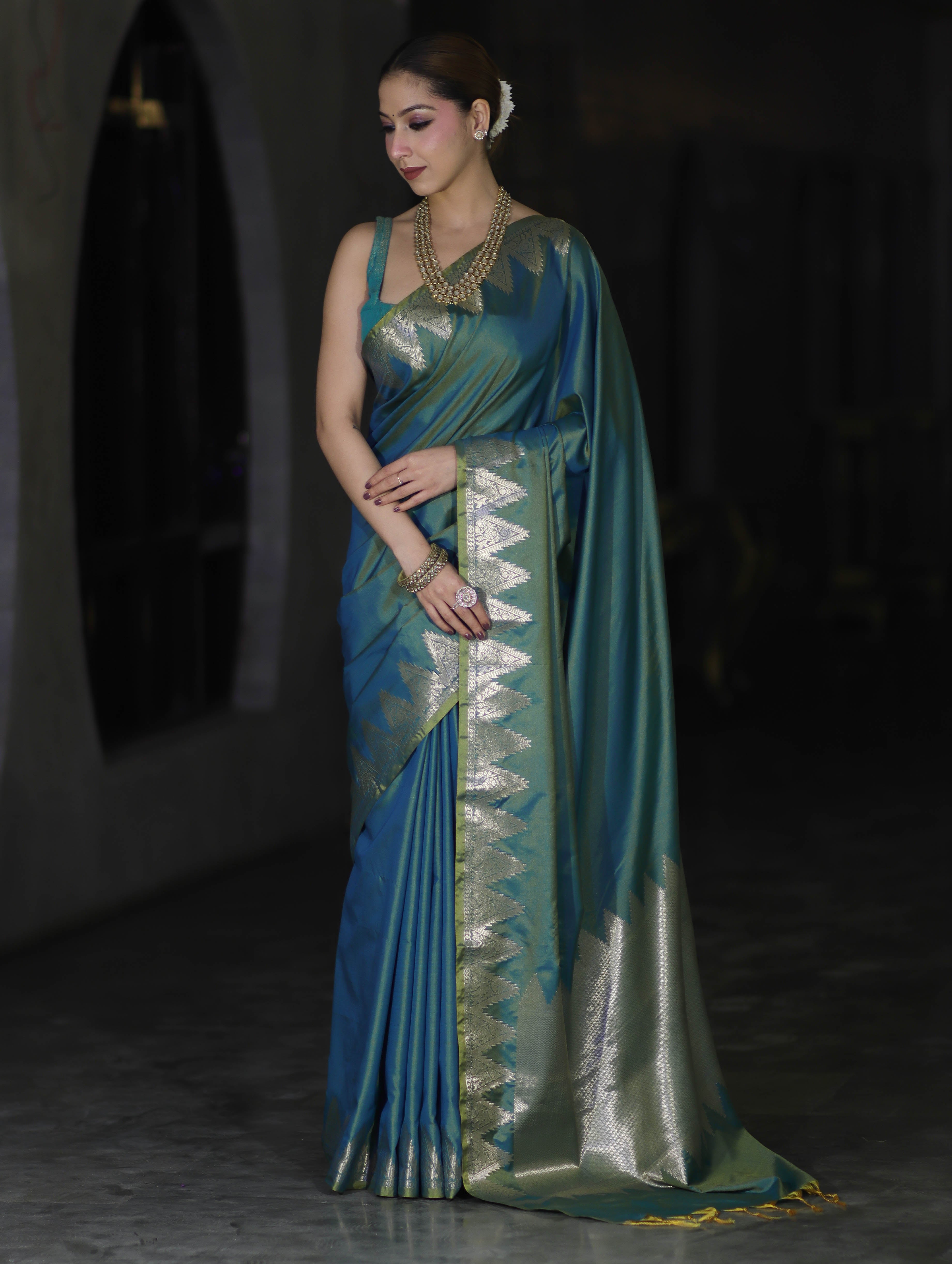 Banarasee Handloom Dual Tone Semi Silk Saree With Zari Border-Teal Green