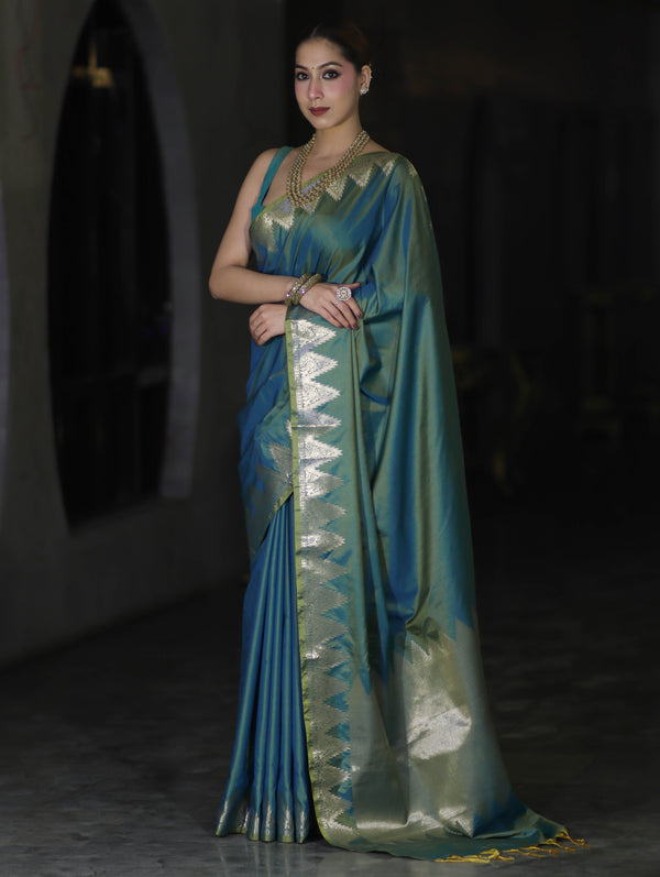 Banarasee Handloom Dual Tone Semi Silk Saree With Zari Border-Teal Green