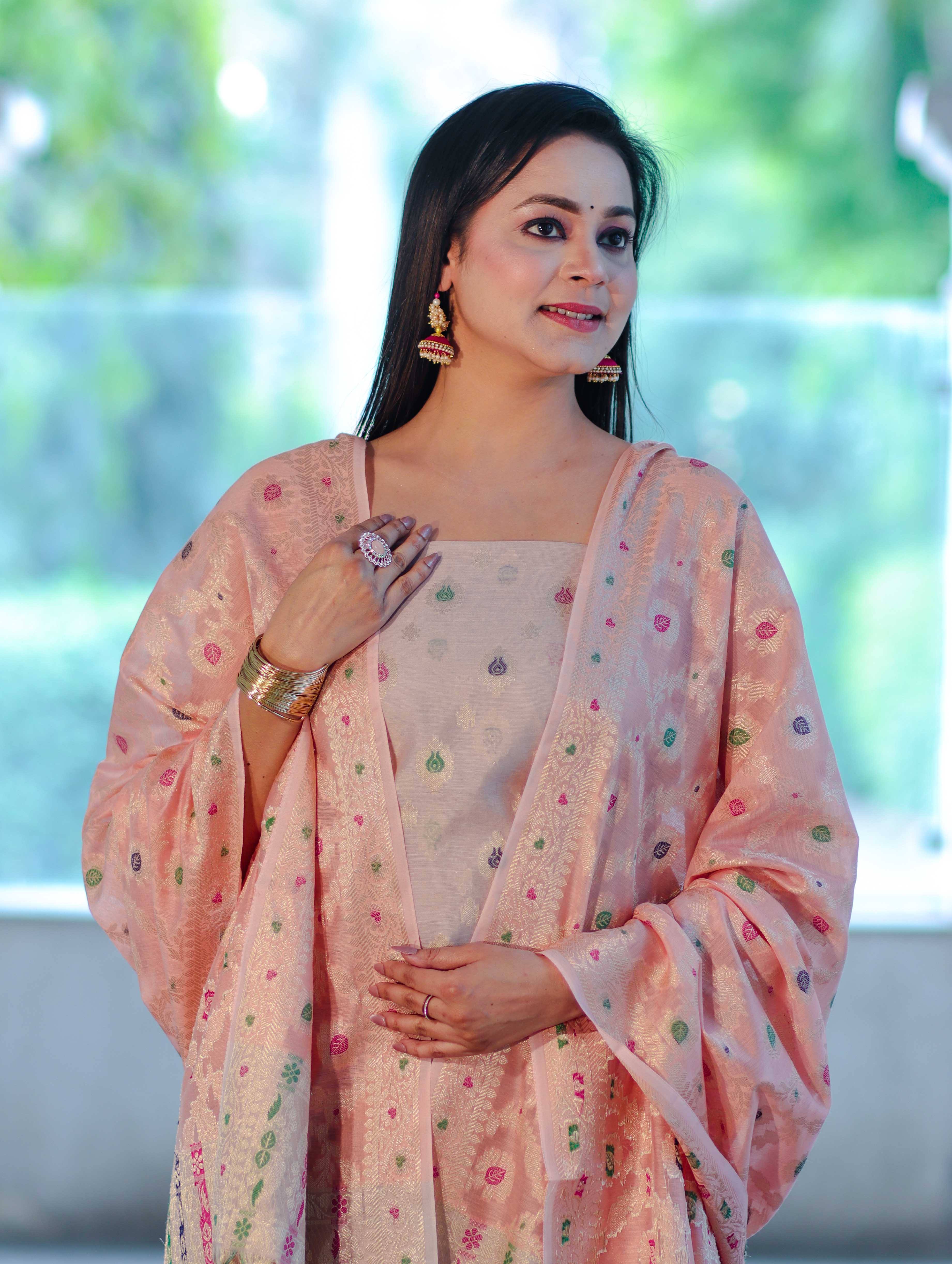 Banarasee Cotton Silk Zari Work Salwar Kameez Fabric With Jaal Design Dupatta Set-Beige & Light Peach