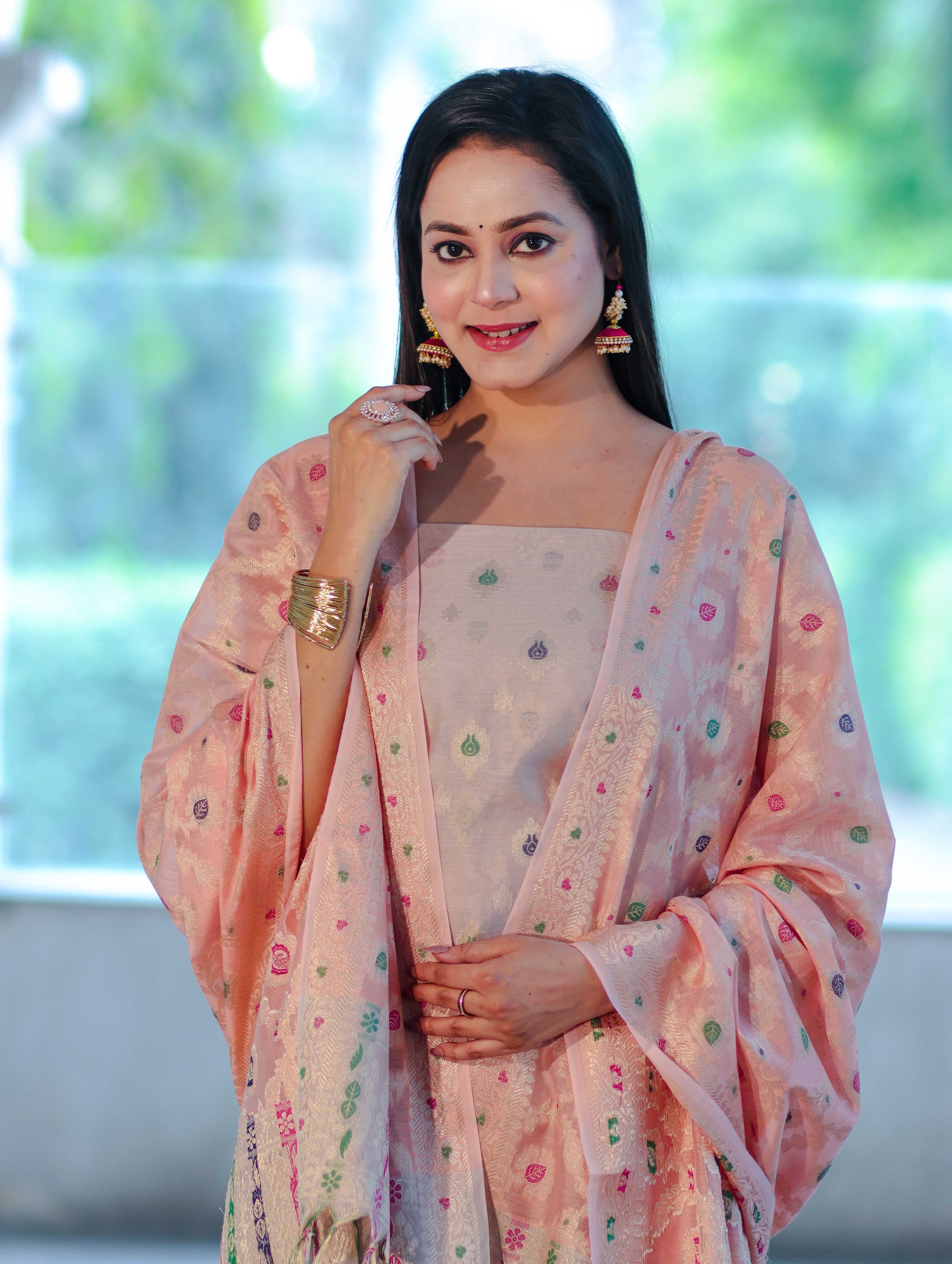 Banarasee Cotton Silk Zari Work Salwar Kameez Fabric With Jaal Design Dupatta Set-Beige & Light Peach