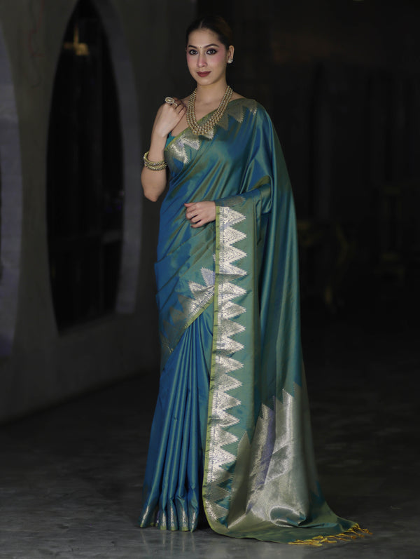 Banarasee Handloom Dual Tone Semi Silk Saree With Zari Border-Teal Green